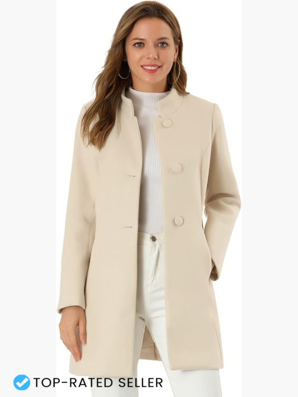 Mid-Long Stand Collar Single Breasted Pea Coat Winter Overcoat Office Chic